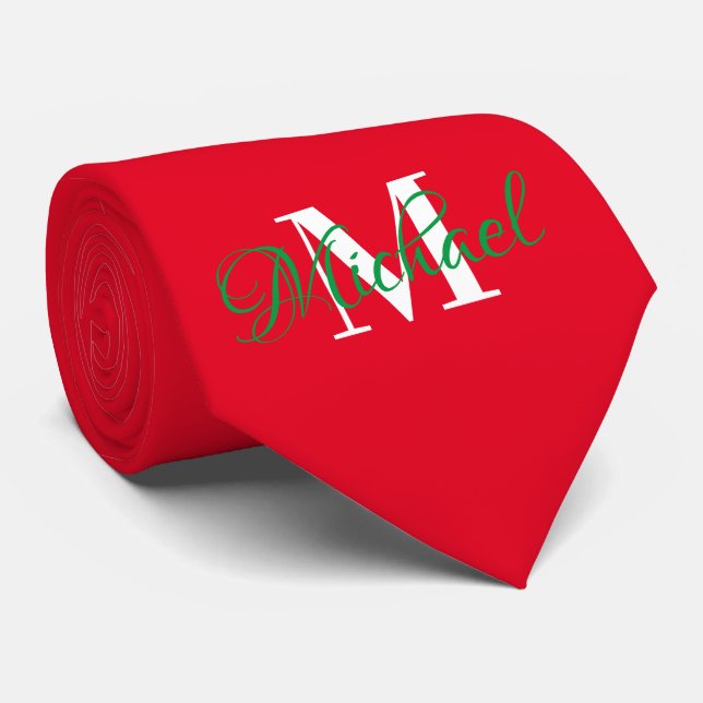 Cravate Necktie Monogramme Vert et Rouge Noël (Roulé)