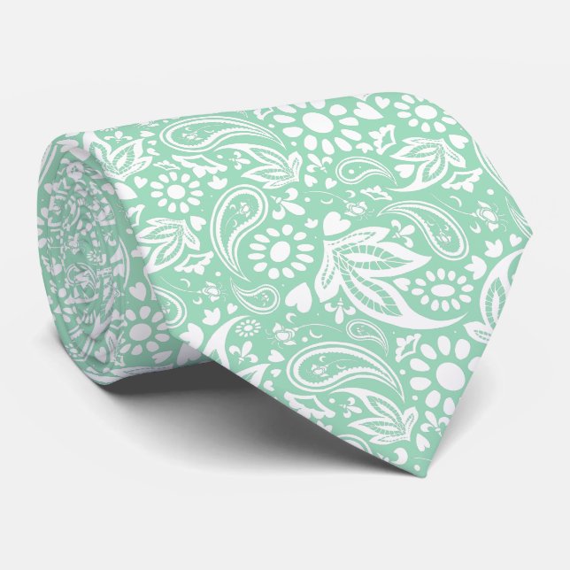 Cravate Neo Mint et White Romantic Paisley Motif (Roulé)