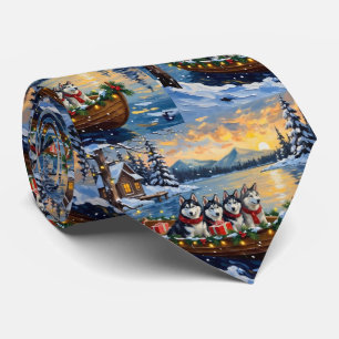 Cravate Noël Bateau Malamute d'Alaska Fêtes