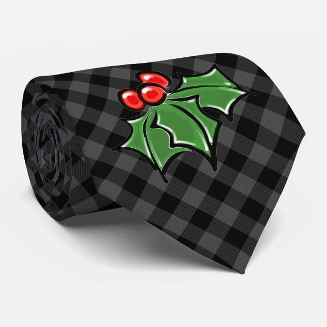 Cravate Noël classique gris Plaid Holly baies feuilles (Roulé)