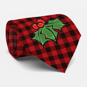 Cravate Noël classique Red Plaid Holly baies feuilles