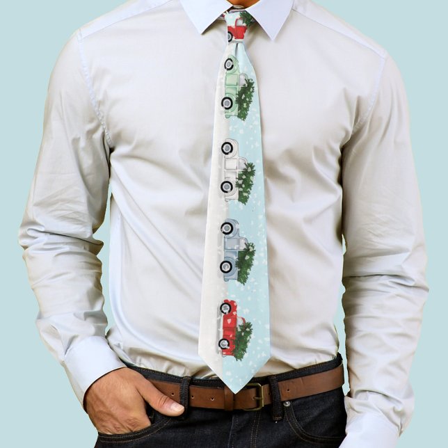 Cravate Noël Cute Rustique Coloré Camion Snowflakes (Winter red, blue, white and green trucks neck tie. )