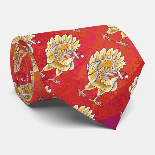 Cravate Noël Du Poulet Sur Rouge (Roulé)