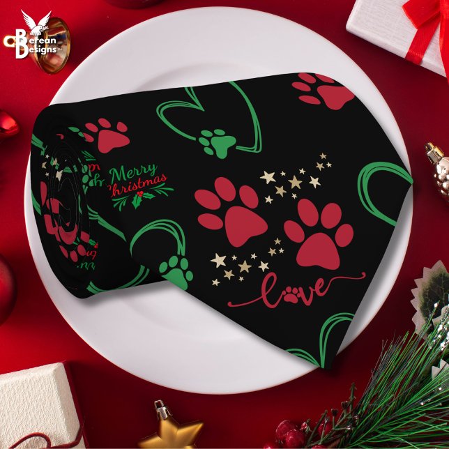 Cravate Noël EMPREINTES DE PATTE DE CHIEN et CŒURS D'AMOUR (Merry Christmas festive dog paw print tie for proud dog dad.)