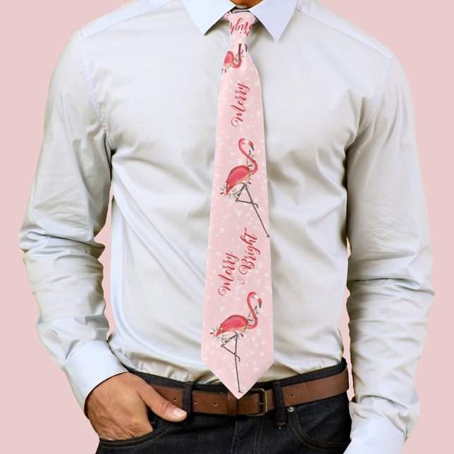 Cravate Noël Joyeux et lumineux (Pink flamingos neck tie.)
