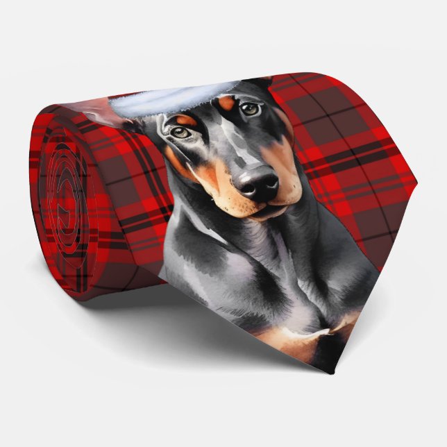 Cravate Noël plaid de vacances Doberman Pinscher amateur (Roulé)