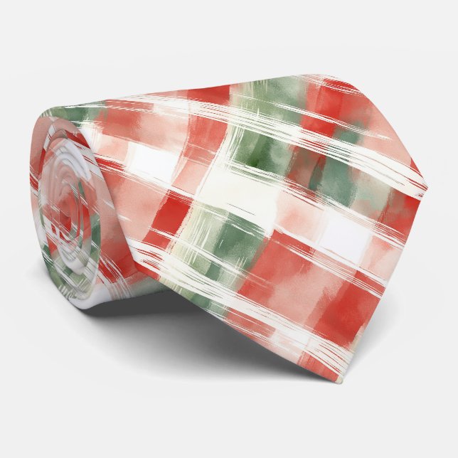 Cravate Noël Rouge Vert Blanc Aquarelle Carreaux (Roulé)