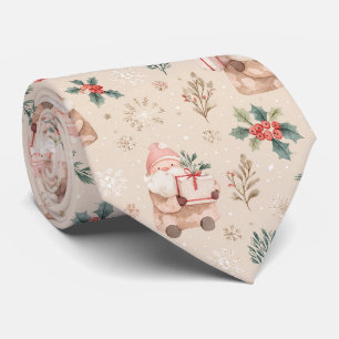 Cravate Noël Santa Botanique Aquarelle Rose Poussiéreux