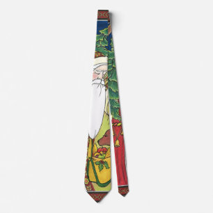 Cravate Noël vintage, le Père Noël cerf en forêt
