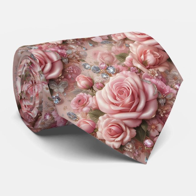 Cravate Noeud papillon de mariage de luxe | Roses roses et (Roulé)