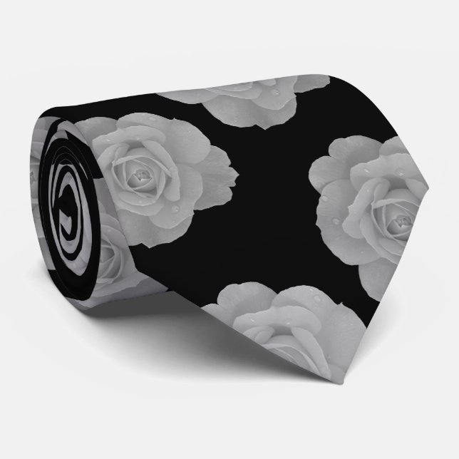 Cravate Noir Blanc Élégant Classique Imprimés Floraux Gris (Roulé)