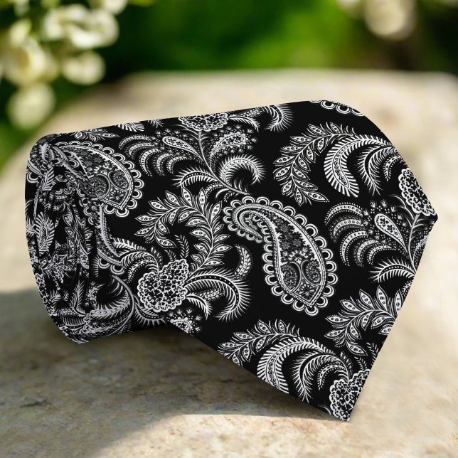 Cravate Noir & Blanc Elegant Damask Motif Floral (Créateur téléchargé)