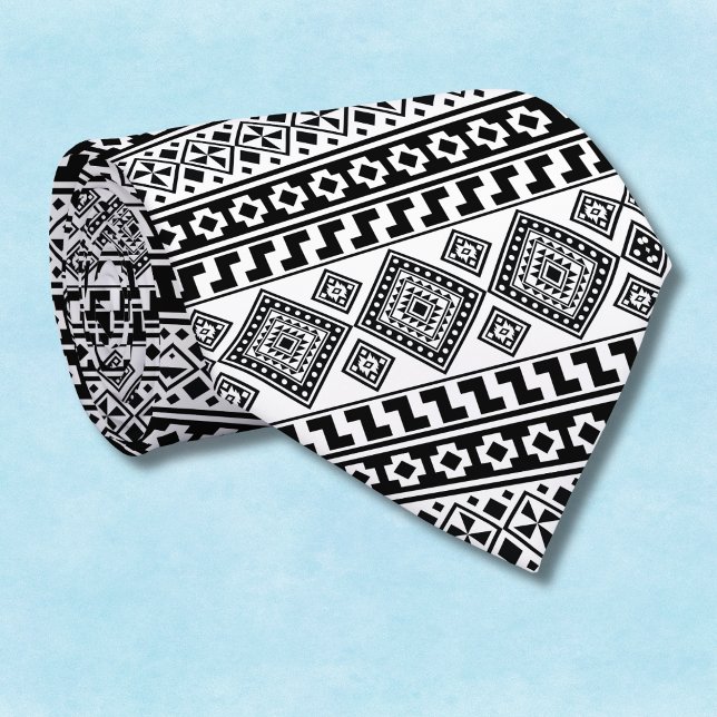 Cravate Noir Blanc Géométrique Polynésien Tribal Monogramm (Créateur téléchargé)