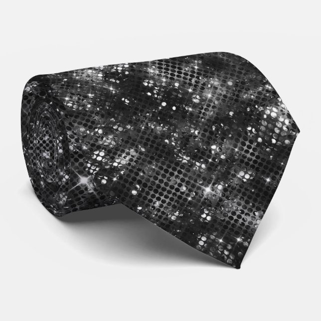 Cravate Noir Blanc Paillettes Brillant Scintille Glam Disc (Roulé)