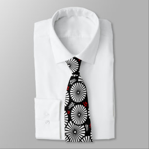 Cravate Noir Blanc Rouge Explosion Solaire Floral Géométri