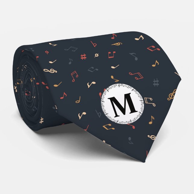 Cravate Noir couleur multicolore note de musique monogramm (Roulé)