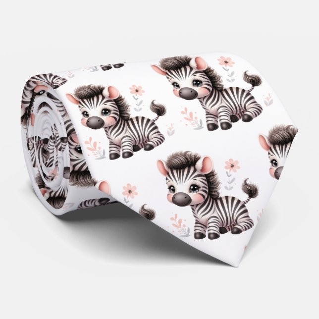 Cravate Noir et blanc moderne Kawaii Cute Zebras (Roulé)