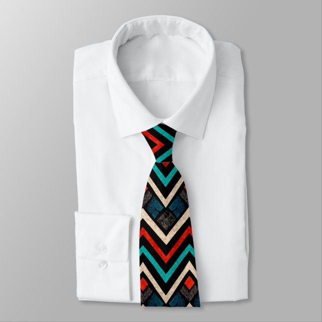 Cravate Noir Rouge Turquoise Beige Aztèque Motif (Attaché)