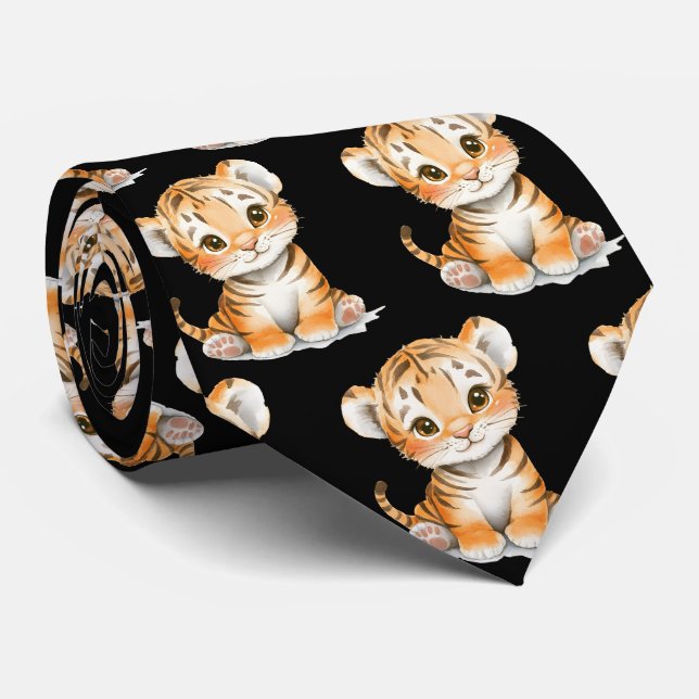 Cravate noir tigre doux et souriant (Roulé)