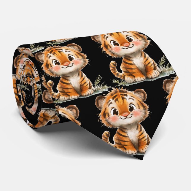 Cravate noir tigre doux et souriant (Roulé)