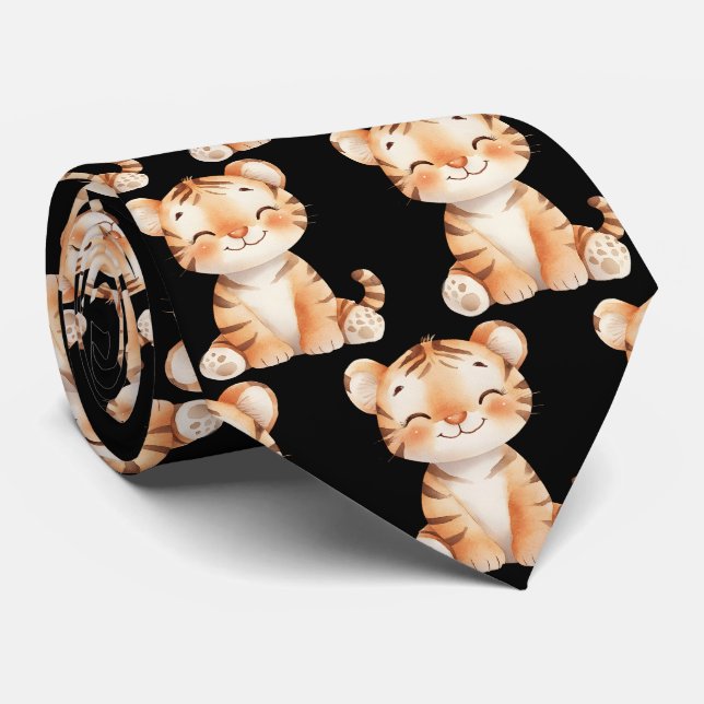 Cravate noir tigre doux et souriant (Roulé)