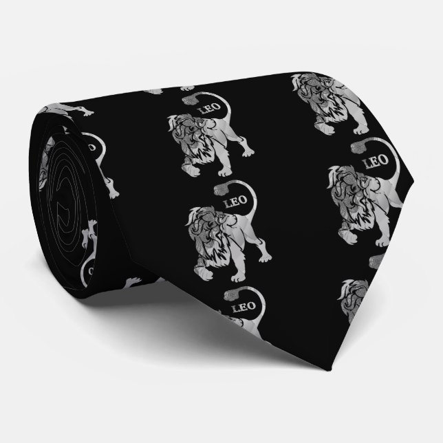 Cravate noire Silver Leo Lion Zodiac (Roulé)