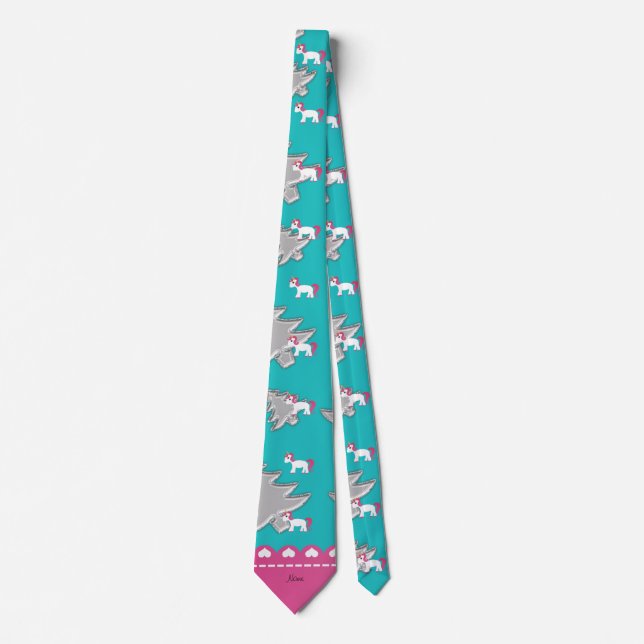 Cravate Nom licorne turquoise argent noël arbres (Devant)