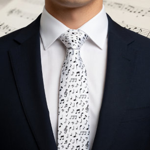 Cravate Notes de musique noires sur fond blanc