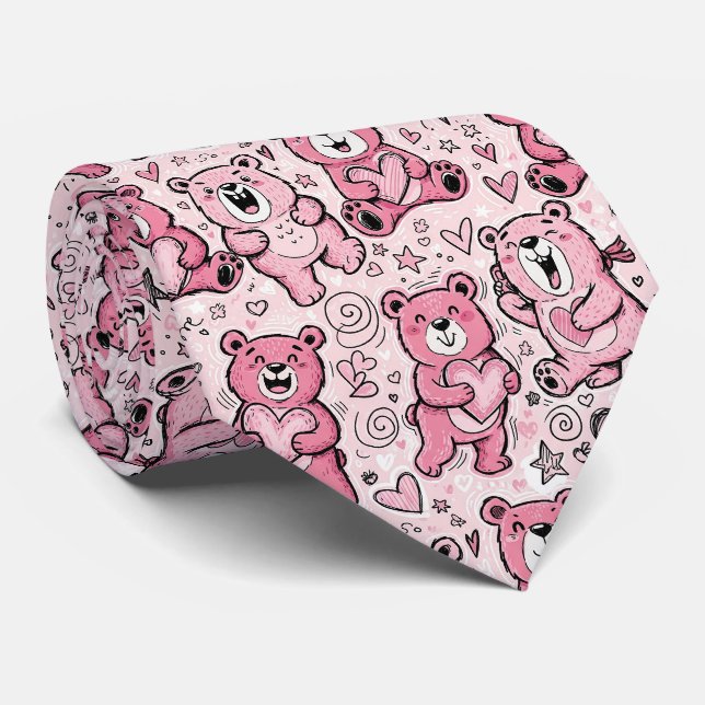 Cravate Nounours en peluche rose kawaii (Roulé)