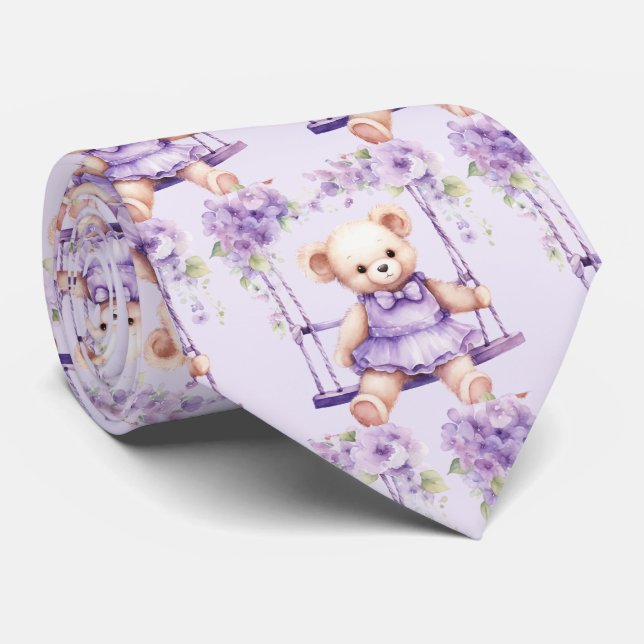 Cravate Nounours en peluche violet lilas (Roulé)