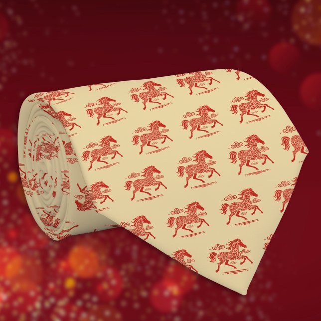 Cravate Nouvelle année lunaire Cheval Rouge sur fond doré  (Créateur téléchargé)