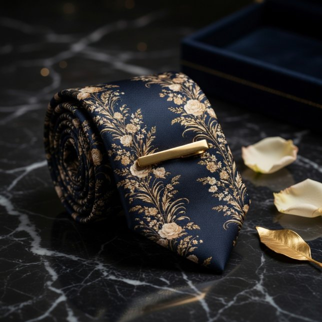 Cravate Nuit Navy & Floral Luxe Or (Créateur téléchargé)
