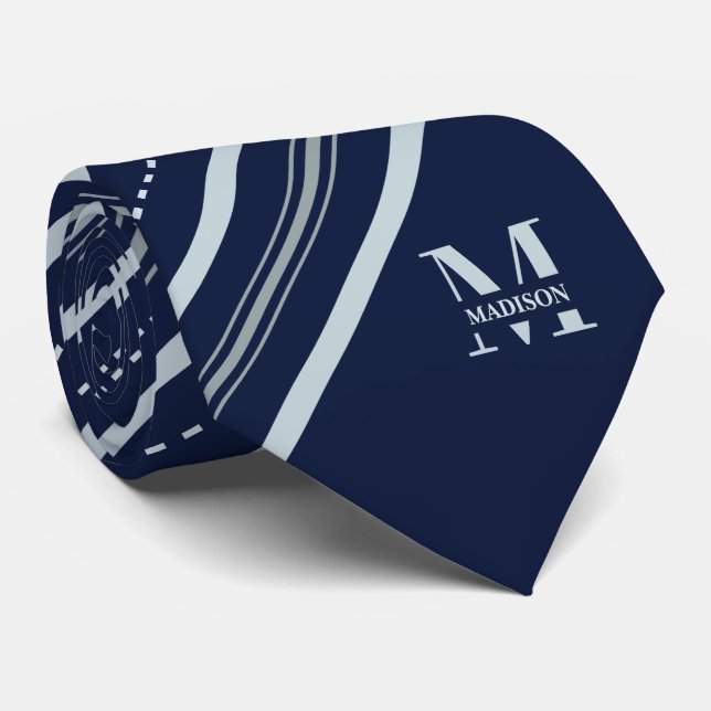 Cravate Nuit Navy & Rayure Grise avec Monogramme & Nom (Roulé)