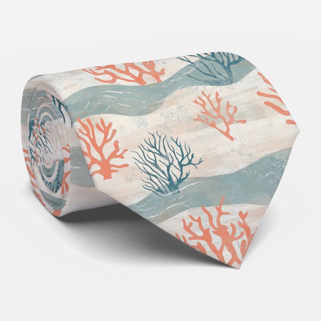 Cravate Océan d'été Corail Orange Bleu Plage (Roulé)