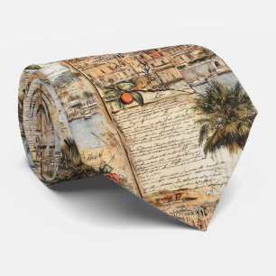 Cravate Oeuvre méditerranéenne vintage avec Palm et Script
