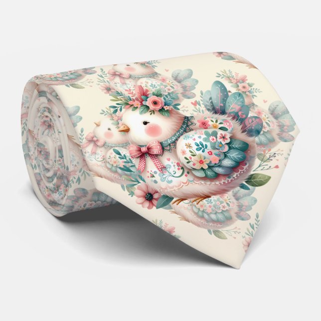 Cravate Oiseau folklorique floral au charme Pastel Boho (Roulé)