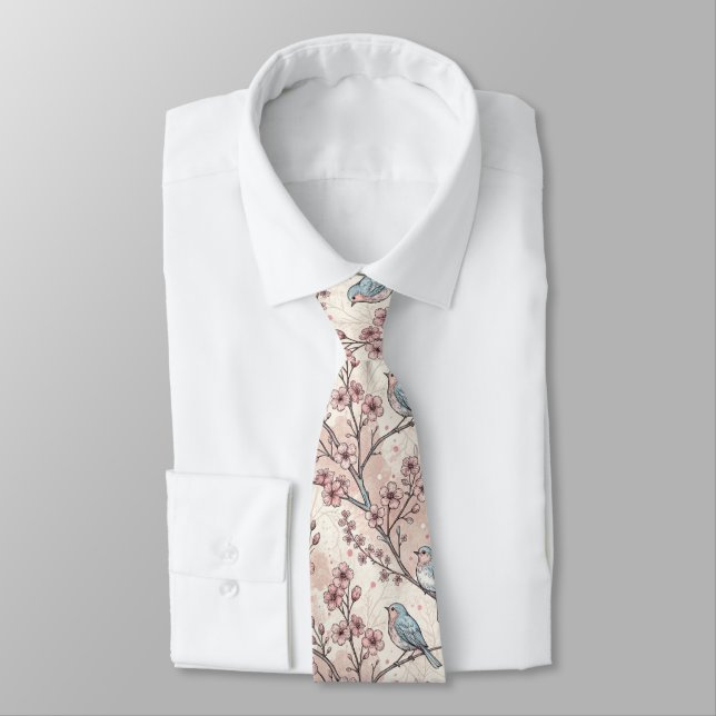 Cravate Oiseaux Bleus Pastel avec Fleurs de Cerisier Roses (Attaché)