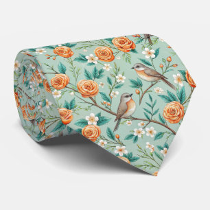 Cravate Oiseaux chanteurs vibrants Fleurs orange Feuilles
