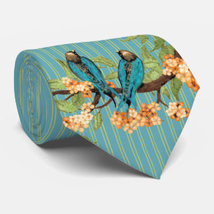Cravate Oiseaux de l'amour vintage turquoise orange rayure