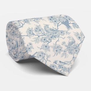 Cravate Oiseaux et fleurs de cerisier en bleu et blanc cas