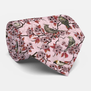 Cravate Oiseaux et fleurs de cerisier sur fond rose pâle