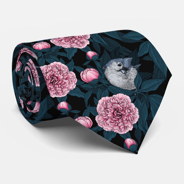 Cravate Oiseaux et fleurs de pivoines roses avec feuille (Roulé)