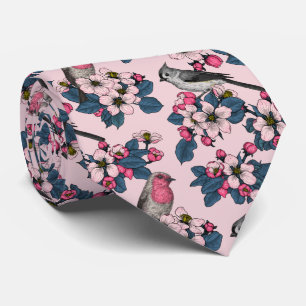 Cravate Oiseaux et fleurs roses