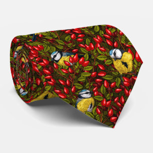 Cravate Oiseaux et hanches roses de chien, vert et rouge