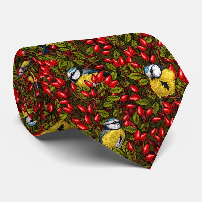 Cravate Oiseaux et hanches roses de chien, vert et rouge (Roulé)