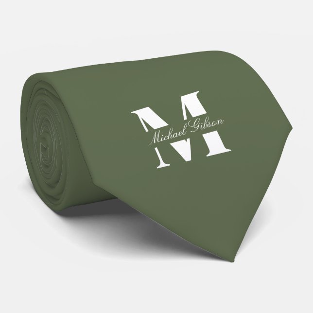 Cravate Olive Green | Custom Monogram Wedding Groomsmen  (Roulé)