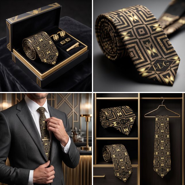 Cravate Or Art Déco Géométrique Monogramme Noir (necktie featuring a black, taupe, and glowing yellow geometric Art Deco and Aztec inspired pattern)