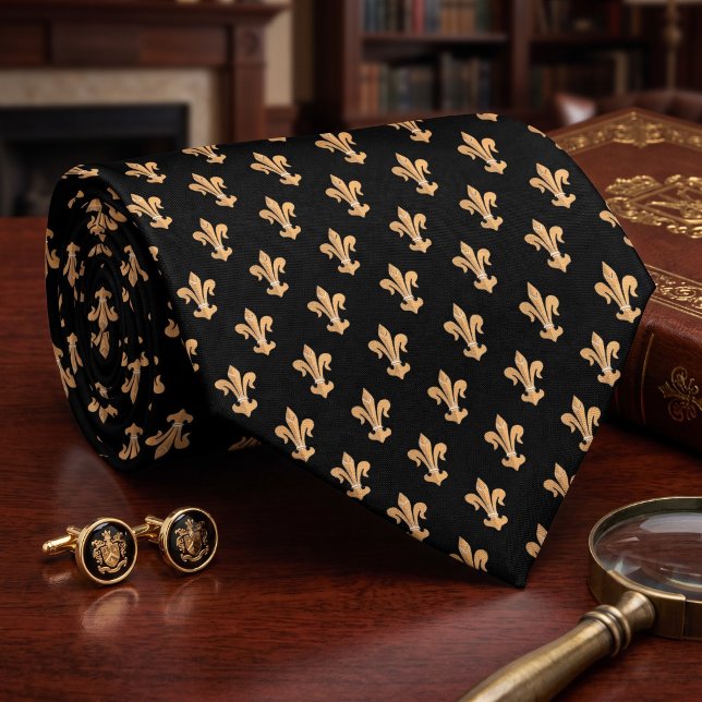 Cravate Or Noir Fleur de Lis Royal Héraldique Pattern (Black Gold Fleur de Lis Royal Heraldic Pattern Neck Tie)