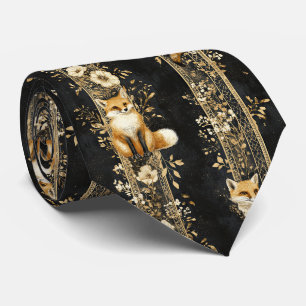Cravate Or noir motif botanique renard victorien