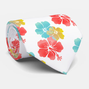 Cravate Orange/Aqua/Hibiscus Jaune/Floral Hawaïen